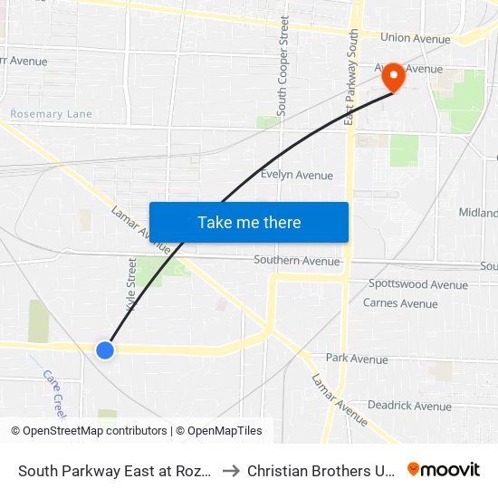 South Parkway East at Rozelle Street to Christian Brothers University map