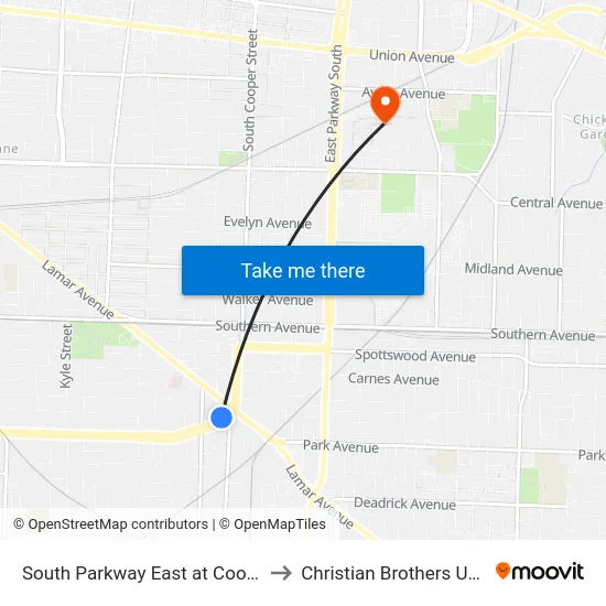 South Parkway East at Cooper Street to Christian Brothers University map