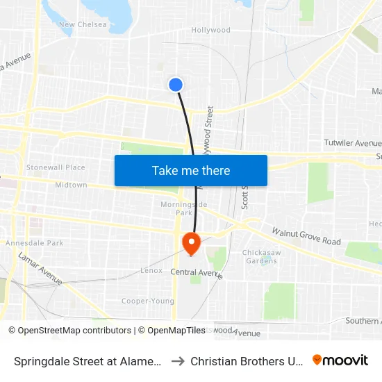 Springdale Street at Alameda Avenue to Christian Brothers University map
