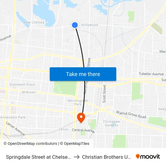 Springdale Street at Chelsea Avenue to Christian Brothers University map