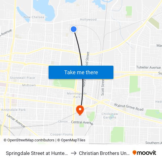 Springdale Street at Hunter Avenue to Christian Brothers University map