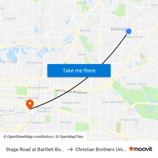 Stage Road at Bartlett Boulevard to Christian Brothers University map