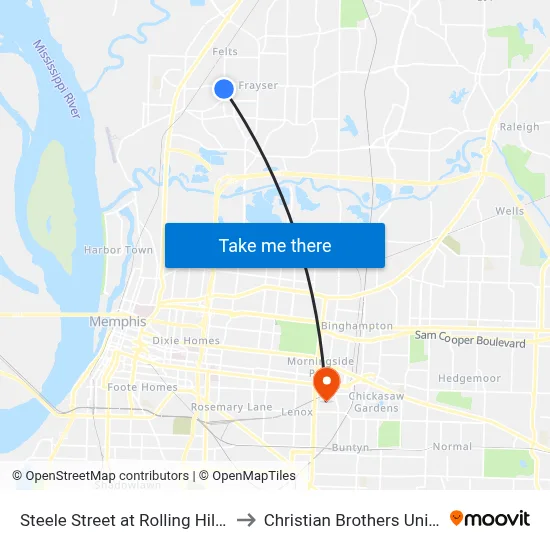 Steele Street at Rolling Hills Drive to Christian Brothers University map