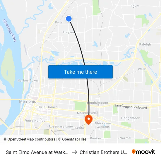 Saint Elmo Avenue at Watkins Street to Christian Brothers University map