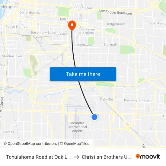Tchulahoma Road at Oak Lake Lane to Christian Brothers University map