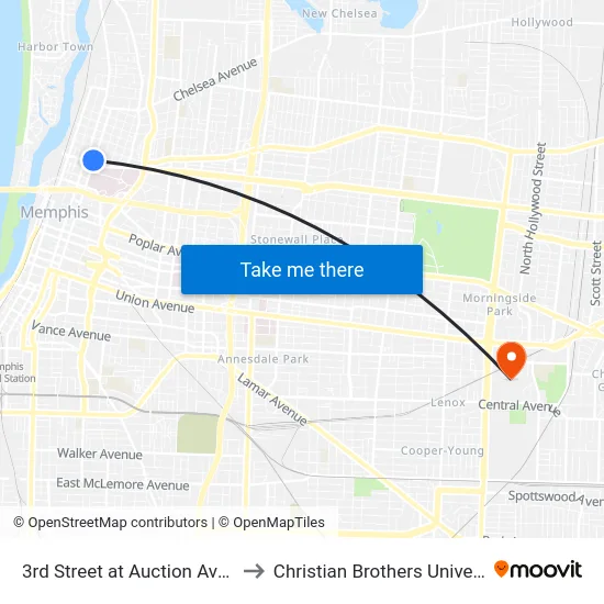 3rd Street at Auction Avenue to Christian Brothers University map