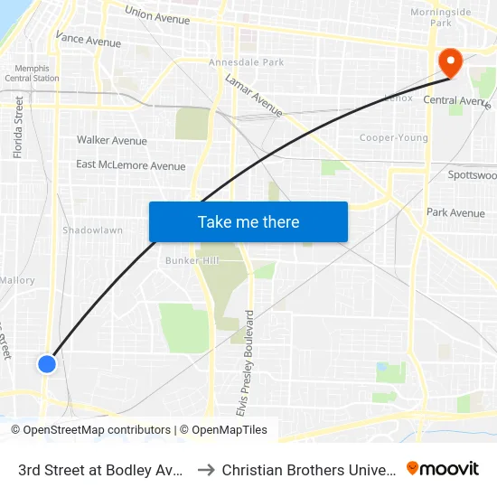 3rd Street at Bodley Avenue to Christian Brothers University map