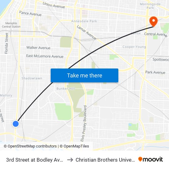 3rd Street at Bodley Avenue to Christian Brothers University map