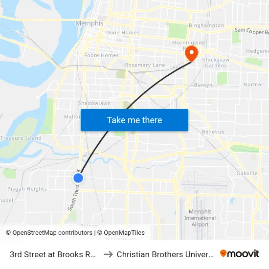3rd Street at Brooks Road to Christian Brothers University map