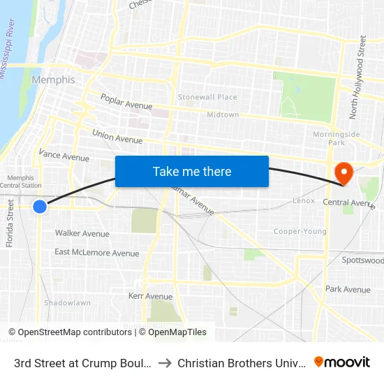 3rd Street at Crump Boulevard to Christian Brothers University map
