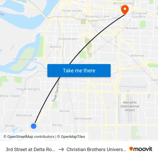 3rd Street at Delta Road to Christian Brothers University map