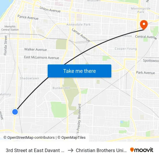 3rd Street at East Davant Avenue to Christian Brothers University map