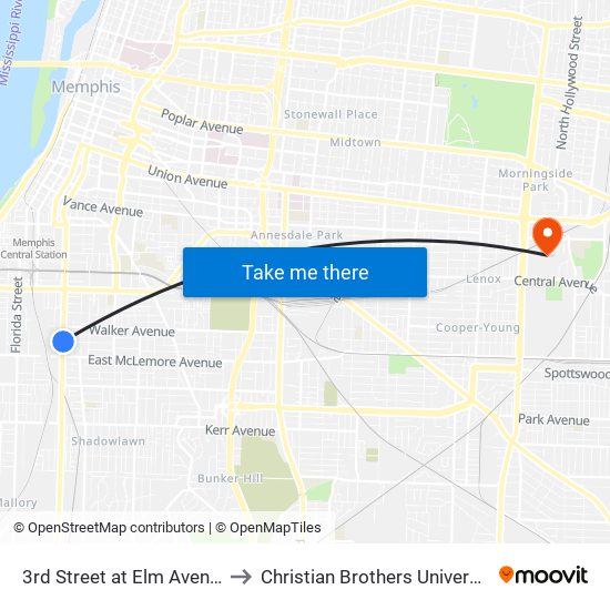 3rd Street at Elm Avenue to Christian Brothers University map