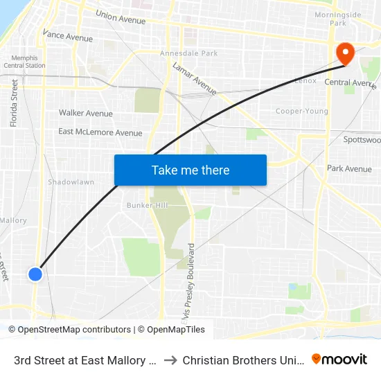 3rd Street at East Mallory Avenue to Christian Brothers University map