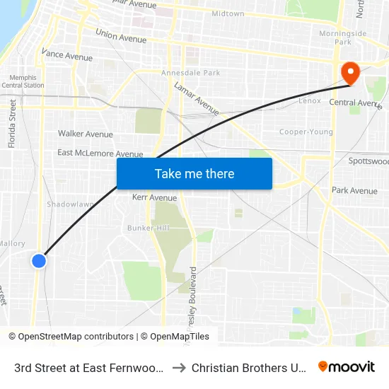 3rd Street at East Fernwood Avenue to Christian Brothers University map