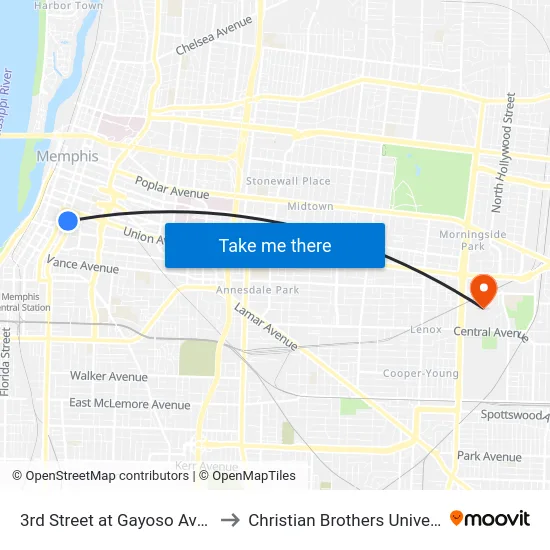 3rd Street at Gayoso Avenue to Christian Brothers University map