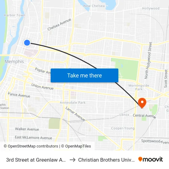 3rd Street at Greenlaw Avenue to Christian Brothers University map
