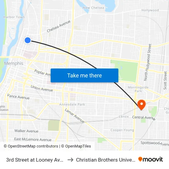 3rd Street at Looney Avenue to Christian Brothers University map