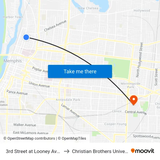 3rd Street at Looney Avenue to Christian Brothers University map