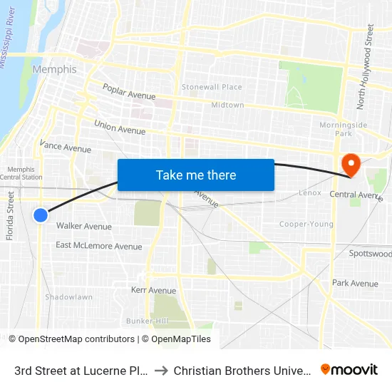 3rd Street at Lucerne Place to Christian Brothers University map