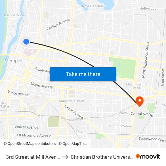 3rd Street at Mill Avenue to Christian Brothers University map