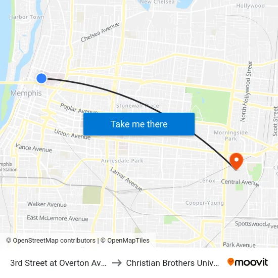 3rd Street at Overton Avenue to Christian Brothers University map
