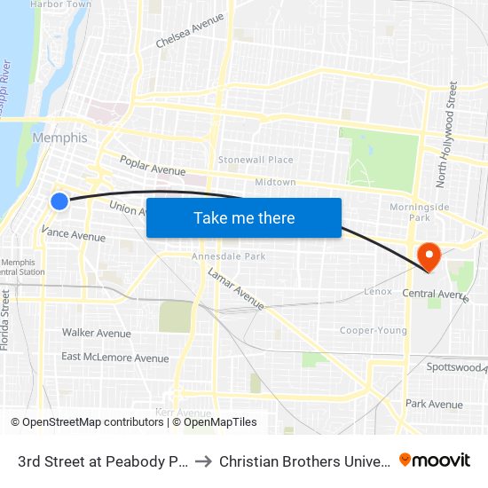 3rd Street at Peabody Place to Christian Brothers University map