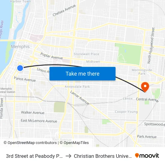 3rd Street at Peabody Place to Christian Brothers University map