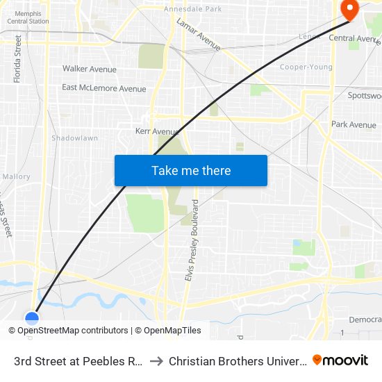 3rd Street at Peebles Road to Christian Brothers University map