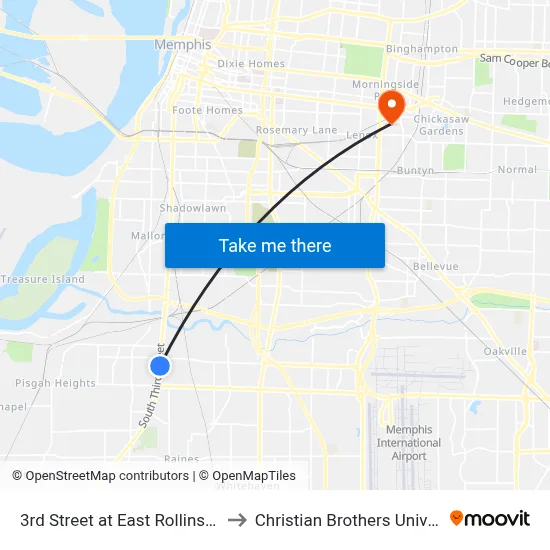 3rd Street at East Rollins Road to Christian Brothers University map