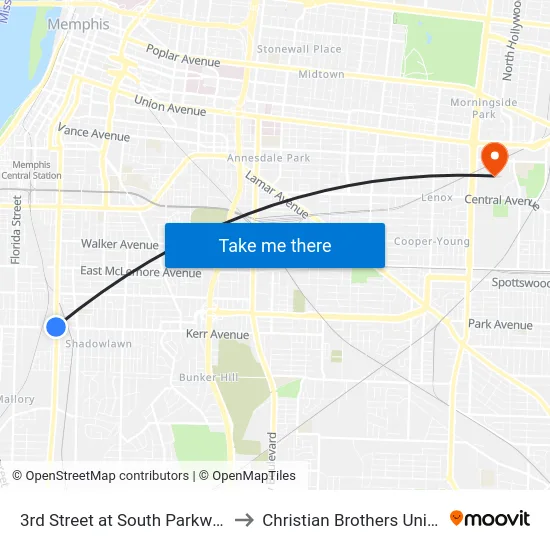 3rd Street at South Parkway East to Christian Brothers University map