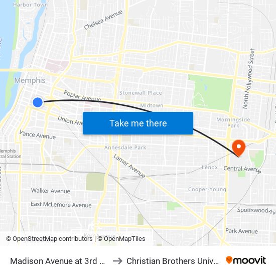 Madison Avenue at 3rd Street to Christian Brothers University map