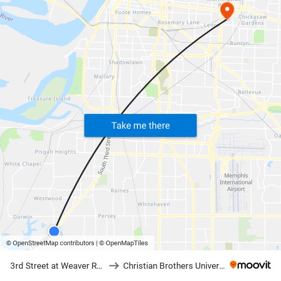 3rd Street at Weaver Road to Christian Brothers University map