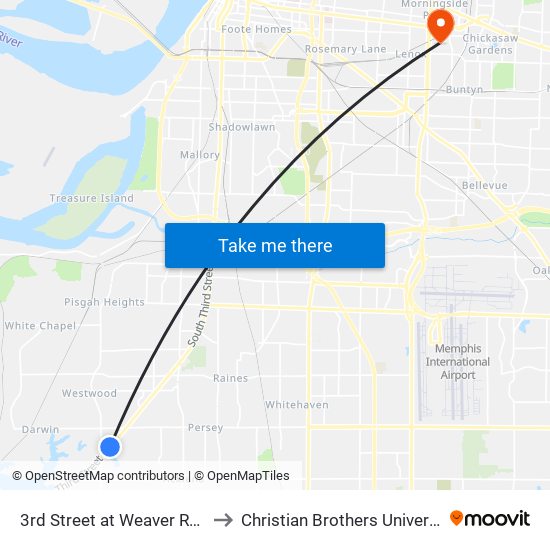 3rd Street at Weaver Road to Christian Brothers University map