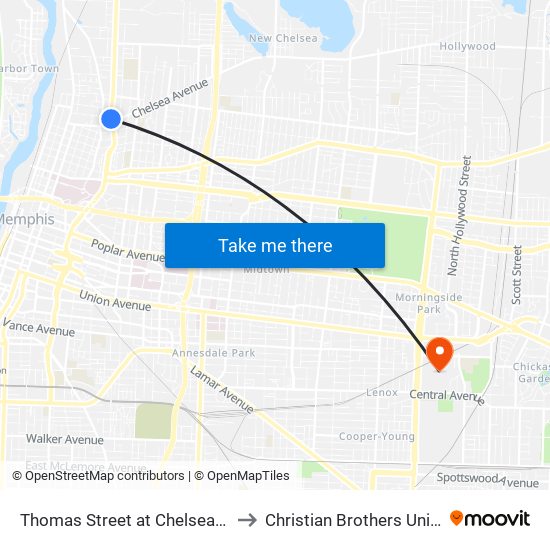 Thomas Street at Chelsea Avenue to Christian Brothers University map