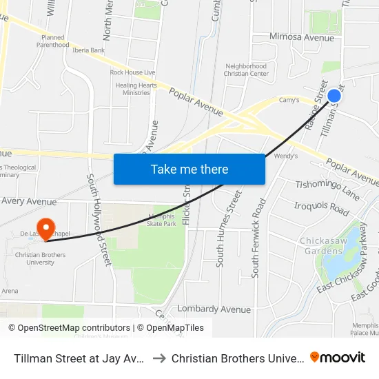 Tillman Street at Jay Avenue to Christian Brothers University map