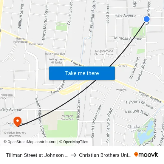 Tillman Street at Johnson Avenue to Christian Brothers University map
