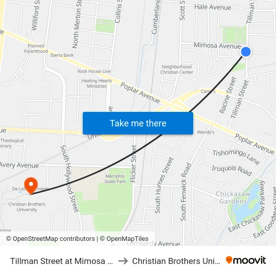 Tillman Street at Mimosa Avenue to Christian Brothers University map