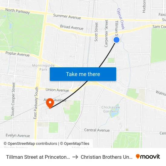 Tillman Street at Princeton Avenue to Christian Brothers University map
