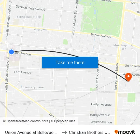 Union Avenue at Bellevue Boulevard to Christian Brothers University map