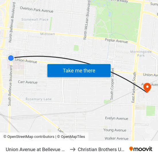Union Avenue at Bellevue Boulevard to Christian Brothers University map