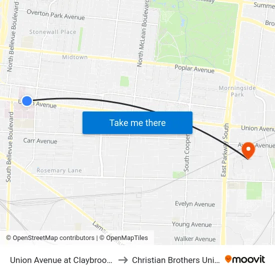 Union Avenue at Claybrook Street to Christian Brothers University map