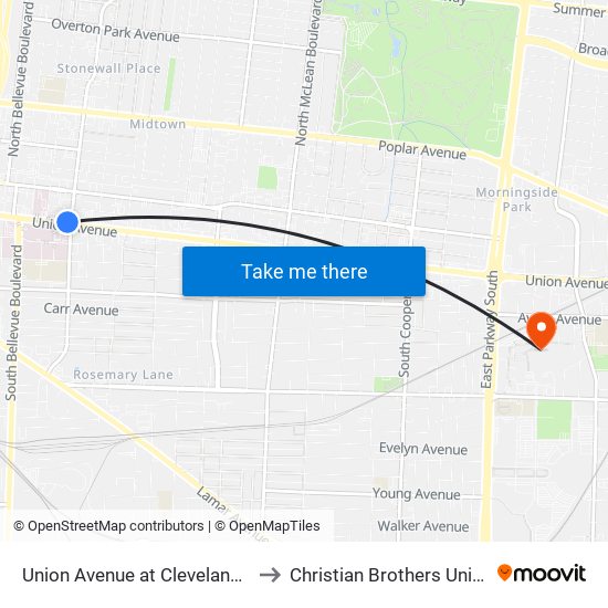 Union Avenue at Cleveland Street to Christian Brothers University map