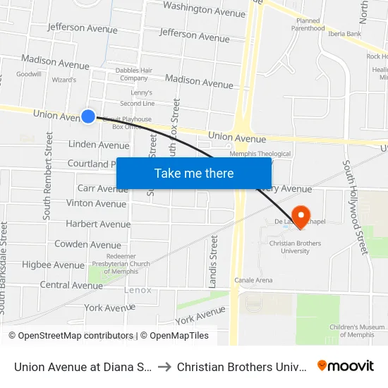Union Avenue at Diana Street to Christian Brothers University map