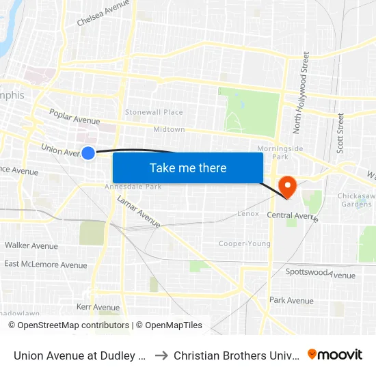 Union Avenue at Dudley Street to Christian Brothers University map