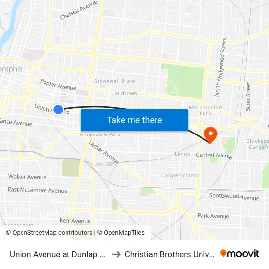 Union Avenue at Dunlap Street to Christian Brothers University map