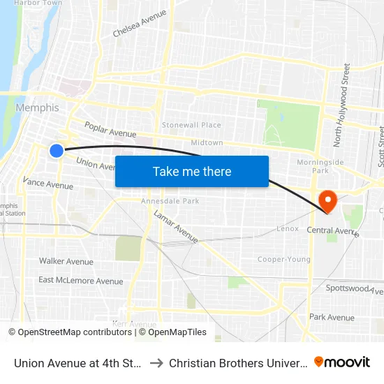 Union Avenue at 4th Street to Christian Brothers University map