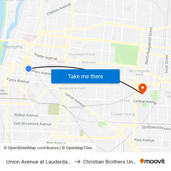 Union Avenue at Lauderdale Street to Christian Brothers University map