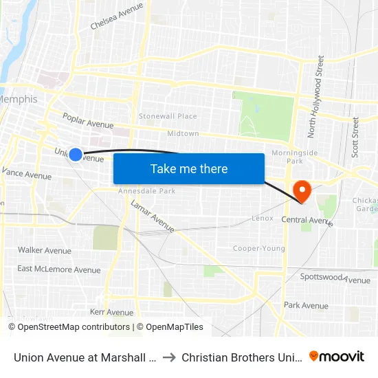 Union Avenue at Marshall Avenue to Christian Brothers University map