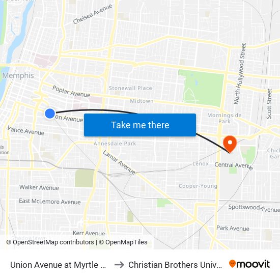 Union Avenue at Myrtle Street to Christian Brothers University map